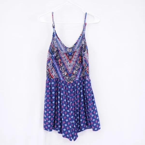 Pehnawa Blue Red Floral Spaghetti Strap Romper for Women