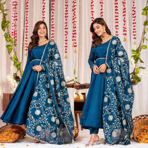 Pehnawa Women’s Elegant Blue Dress | Embroidered Dupatta Kurti Set