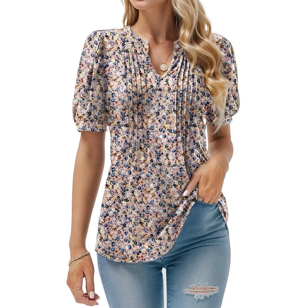 Pehnawa Women’s Pleated Floral Print Peasant Top | Puff Sleeve V-Neck Blouse
