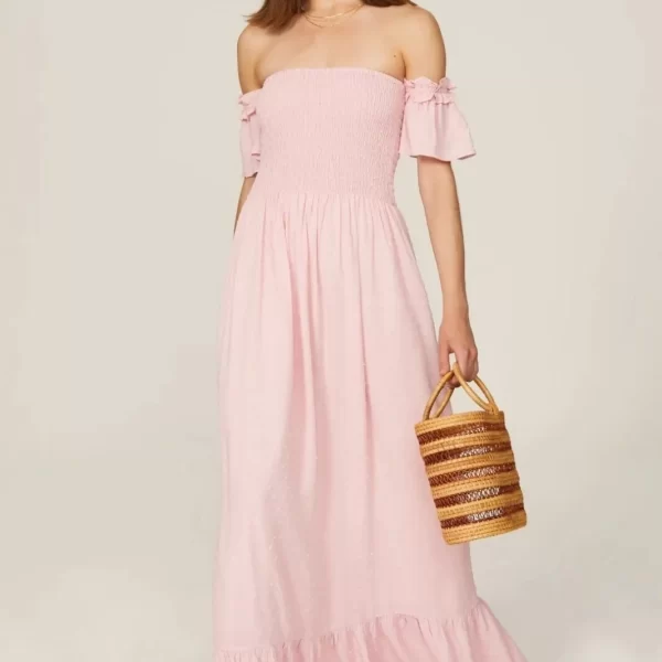 Pehnawa Women’s Pink Off-Shoulder Smocked Midi Dress | Summer Casual Dress