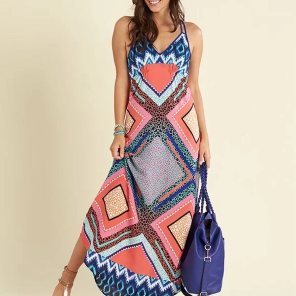 Pehnawa Women’s Multi-Color Geometric Printed Maxi Dress | Summer Resort Wear