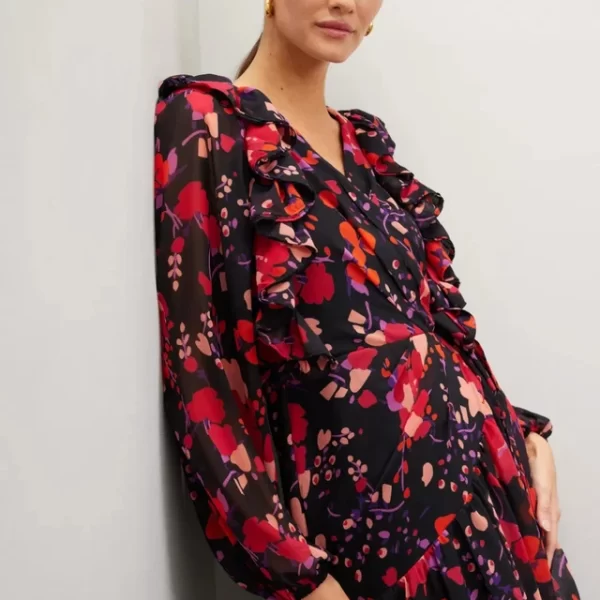 Pehnawa Women’s Floral Ruffle Wrap Dress | Stylish Long Sleeve Dress