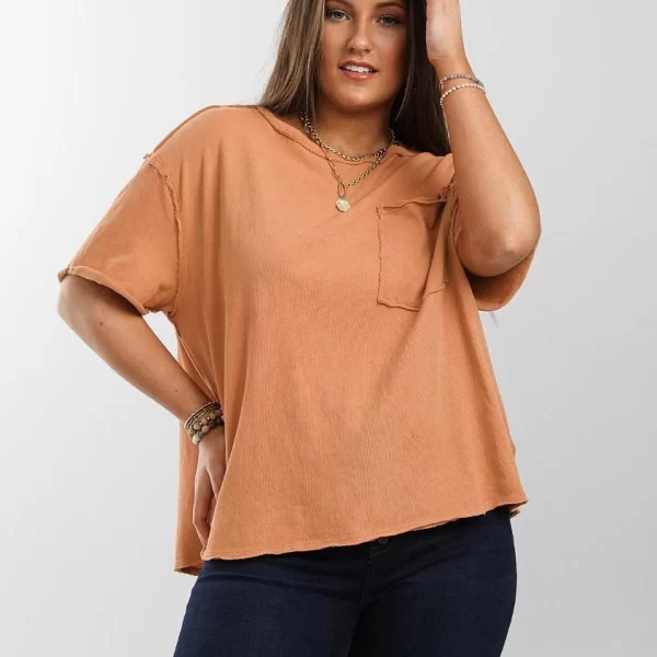 Pehnawa Women’s Rust Orange Distressed Pocket T-Shirt | Oversized Casual Top