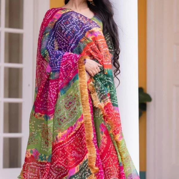 Pehnawa Women’s Multi-Color Bandhani Dupatta Kurti Set | Festive Ethnic Wear