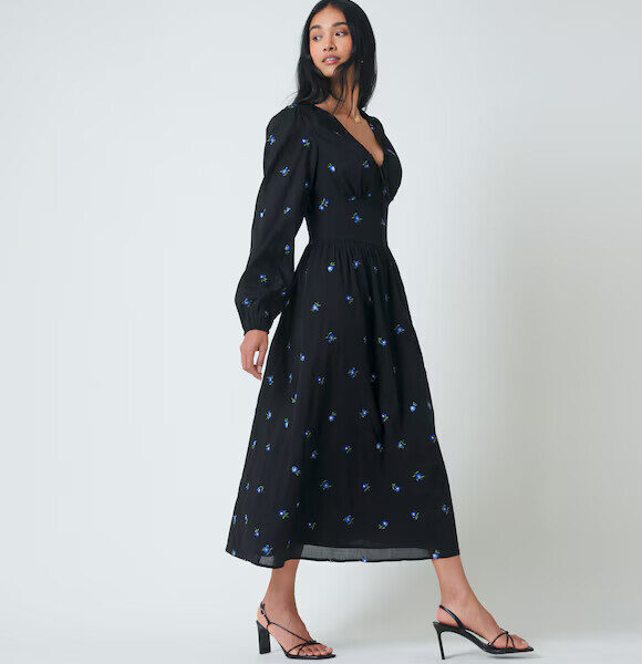 Pehnawa Women’s Floral Print V-Neck Midi Dress | Long Sleeve A-Line Chiffon Dress