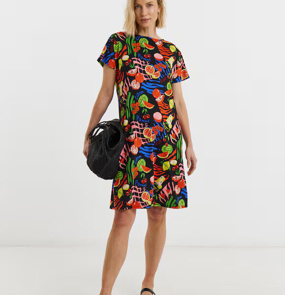 Pehnawa Women’s Vibrant Fruit & Abstract Print T-Shirt Dress | Casual Summer Mini